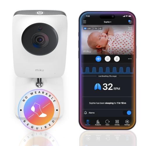 Miku Pro Smart Baby Monitor with Camera, Track Live Breathing with No Wearable, Real-Time Alerts, Sleep Analytics, 1080p Wi-Fi Video, Night Vision, and 2-Way Audio, Wall Mount Incl