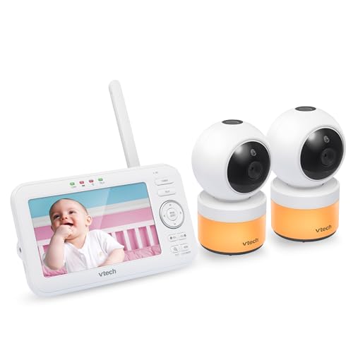 VTech VM5463-2 Upgraded Video Baby Monitor with 2 Cameras – 5 Inch HD Screen, 12-Hour Battery, Pan Tilt Zoom, Ceiling Star Projector Night Light, 2-Way Audio, Non-WiFi Secure, No App N