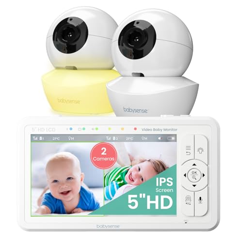 Babysense 5 Inch HD Split-Screen Baby Monitor, Video Baby Monitor with 2 Cameras and Audio, Night Light, 1000ft Range, Two-Way Audio, 4X Zoom, Night Vision, 4000mAh Battery