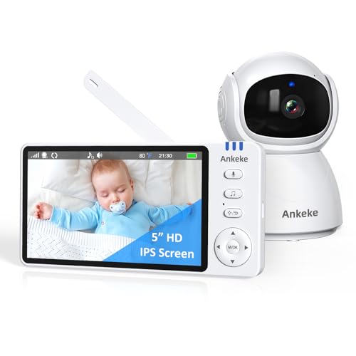 AnKeKe Baby Monitor with Camera and Audio, No WiFi Baby Monitor with 5 Inch IPS LCD Screen, 100-Hour Battery, 1000ft Long Range, 2-Way Talk, Cry and Feeding Reminder, Night Vision and 355°PTZ