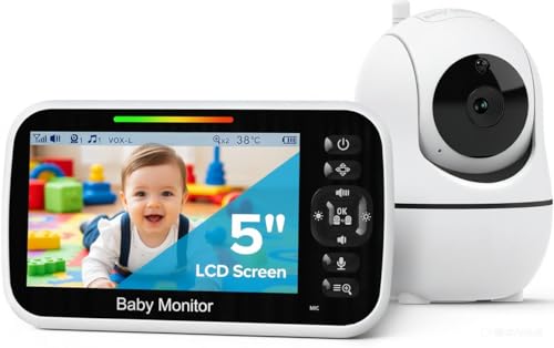 GoodBaby 5 Inch Baby Monitor with Camera and Audio, No WiFi Secure FHSS, 30-Hour Battery, Remote PTZ, Auto Night Vision, Room Temperature, Two-Way Audio，Lullabies，1000ft Range