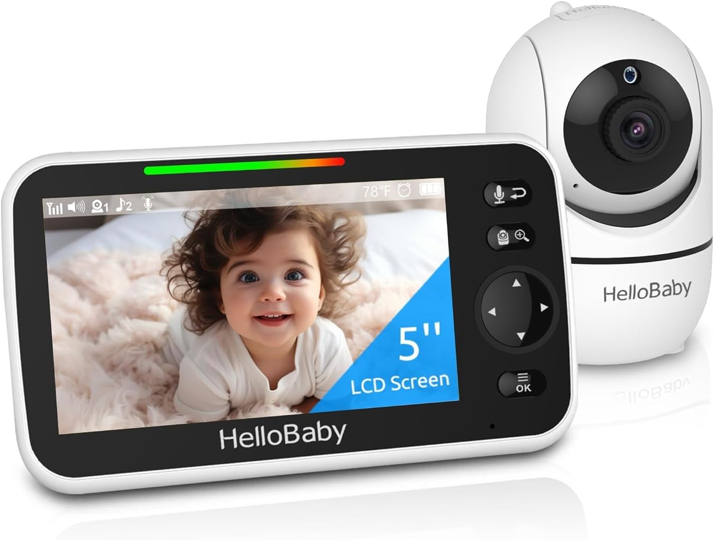 HelloBaby No-WiFi Baby Monitor, 5-inch, 30-Hour Battery, PTZ