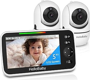 HelloBaby Upgrade 5’’ Baby Monitor with 30-Hour Battery, 2 Cameras Pan-Tilt-Zoom, 1000ft R