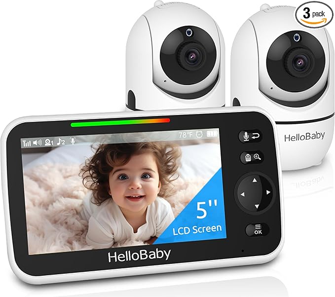 HelloBaby Upgrade 5’’ Baby Monitor with 30-Hour Battery, 2 Cameras Pan-Tilt-Zoom, 1000ft Range Video Audio Baby Monitor No WiFi, VOX, Night Vision, 2-Way Talk, 8 Lullabies and Temp